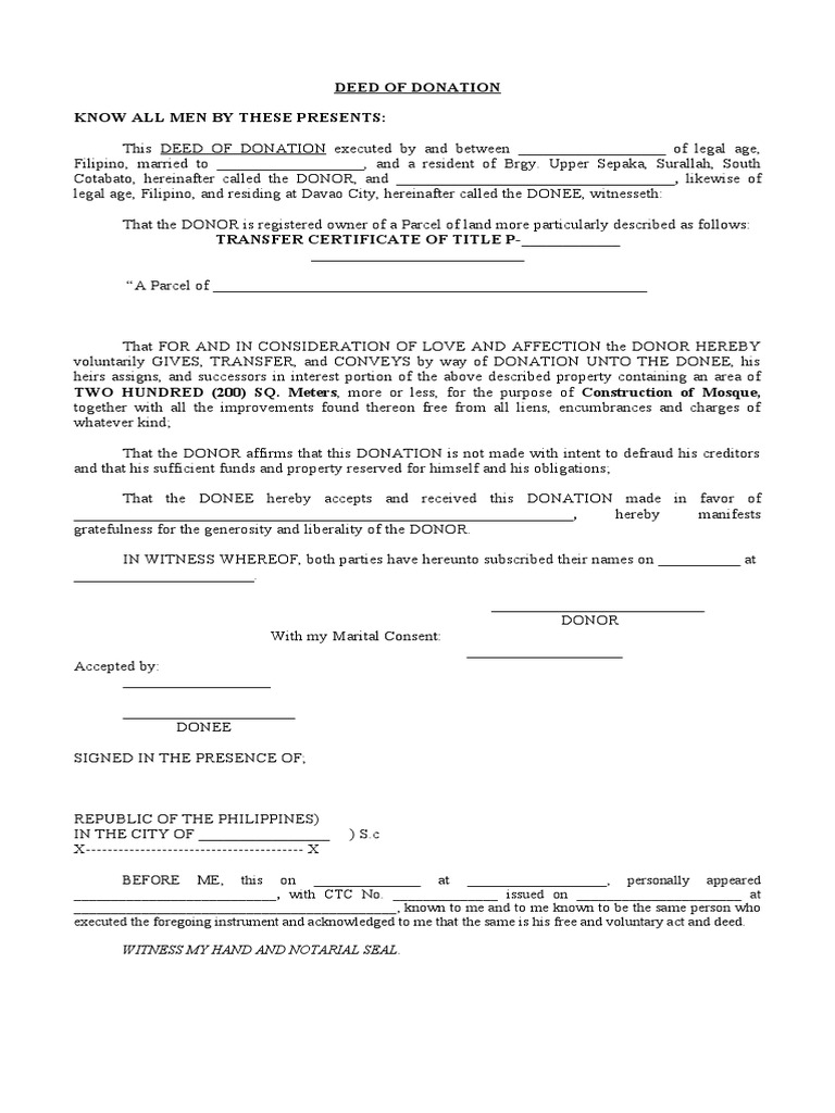 DEED OF DONATION sample form