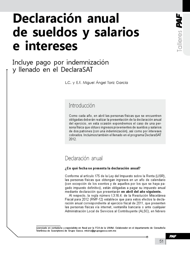 Declaracion Anual Sueldos y Salarios PDF Impuestos Salario