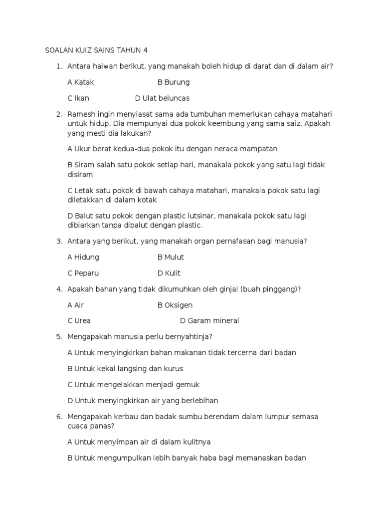 Soalan Kuiz Sains Tahun 4 Pdf