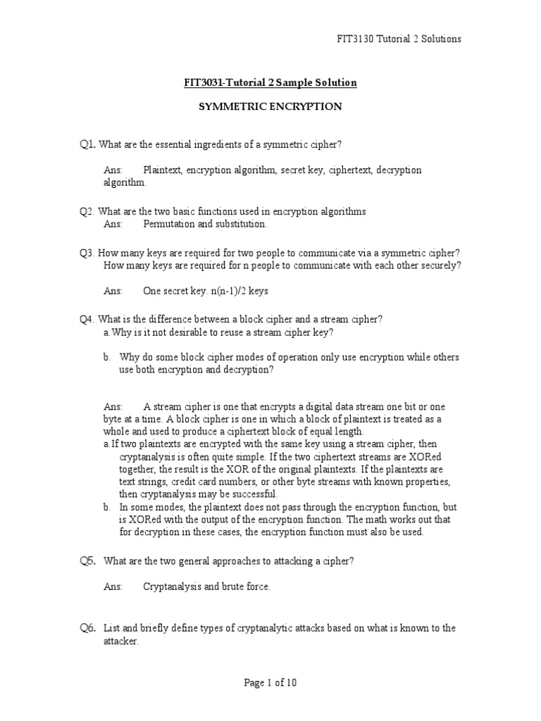 Tutorial 2 Solution | PDF | Cryptography | Cipher
