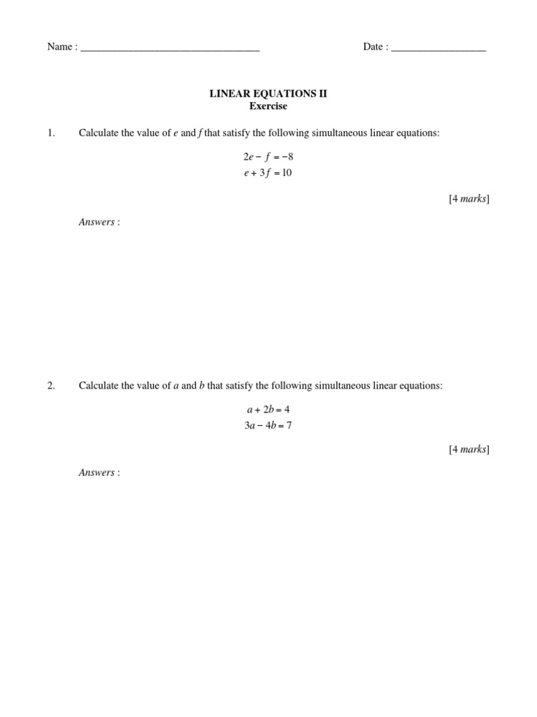 Answers:: Linear Equations Ii Exercise | PDF