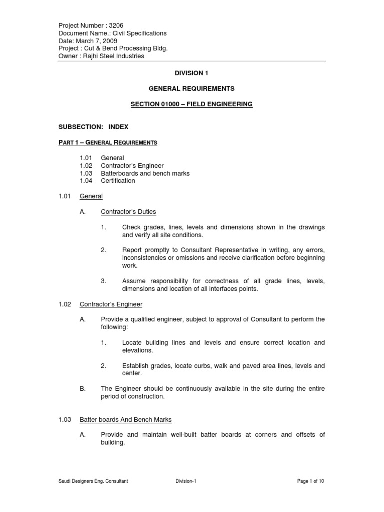 Division 1 General Requirements Section 01000 Field Engineering PDF