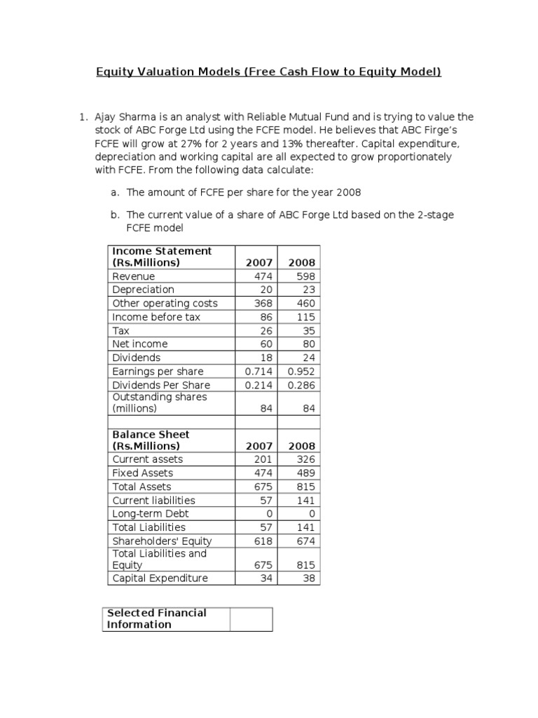 FCFE Valuation Models for ABC Forge & Stronglite | PDF | Equity ...