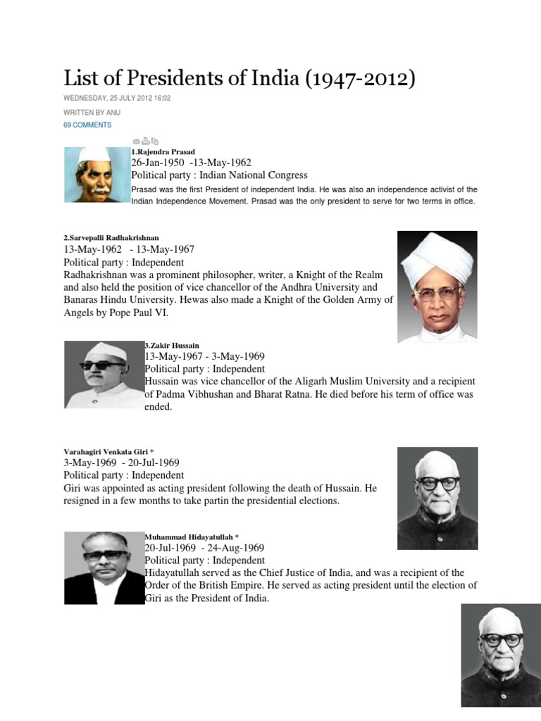 List of Presidents of India | PDF | Indian National Congress | South Asia