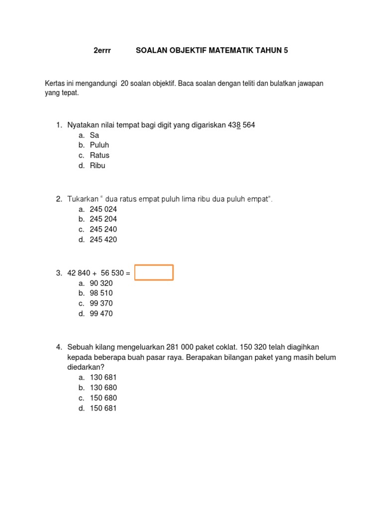 Soalan Objektif Matematik Tahun 5 Pdf