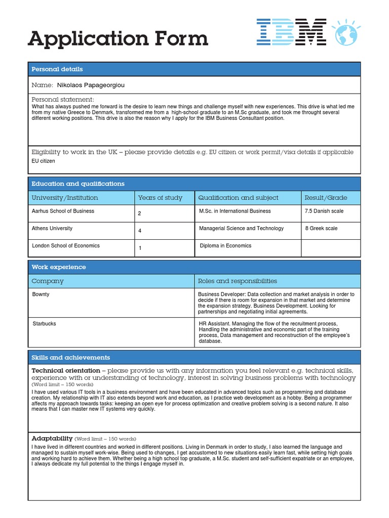 IBM Business Consultant Application Form | PDF | Databases | Business