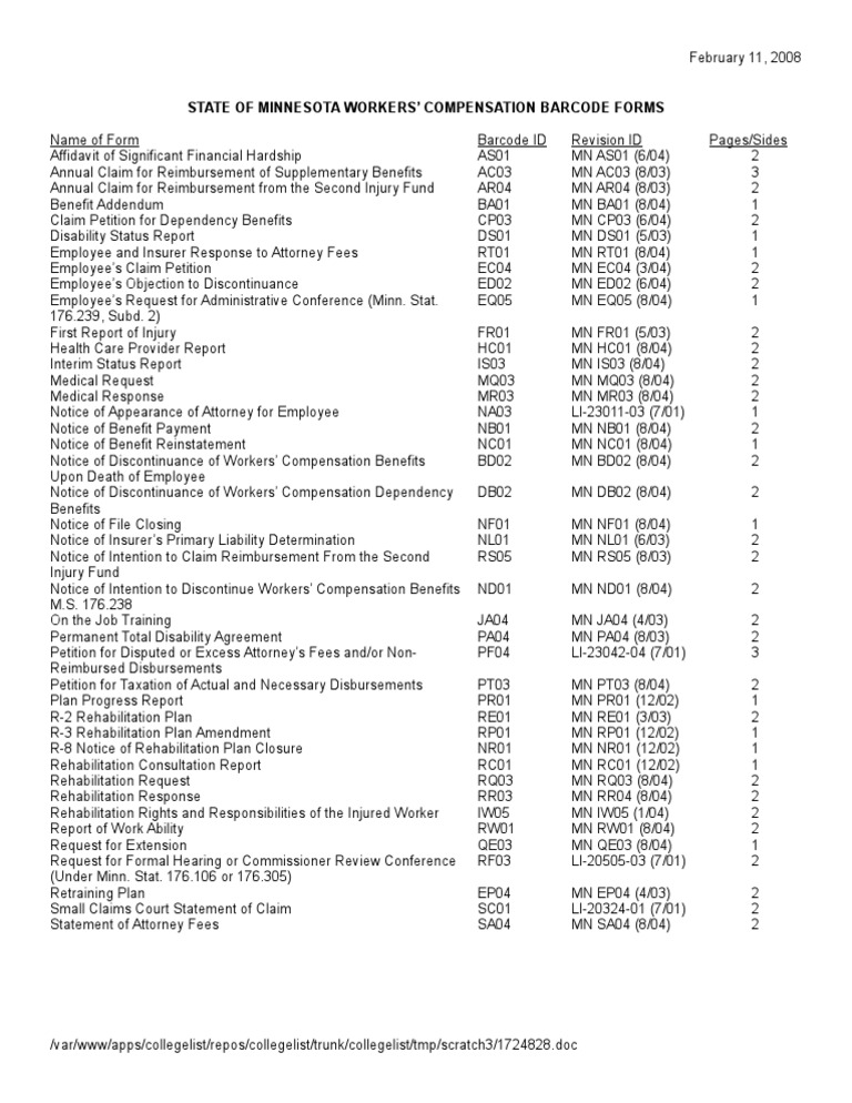 Department of Labor: Barcodeformslist | PDF | Workers' Compensation ...
