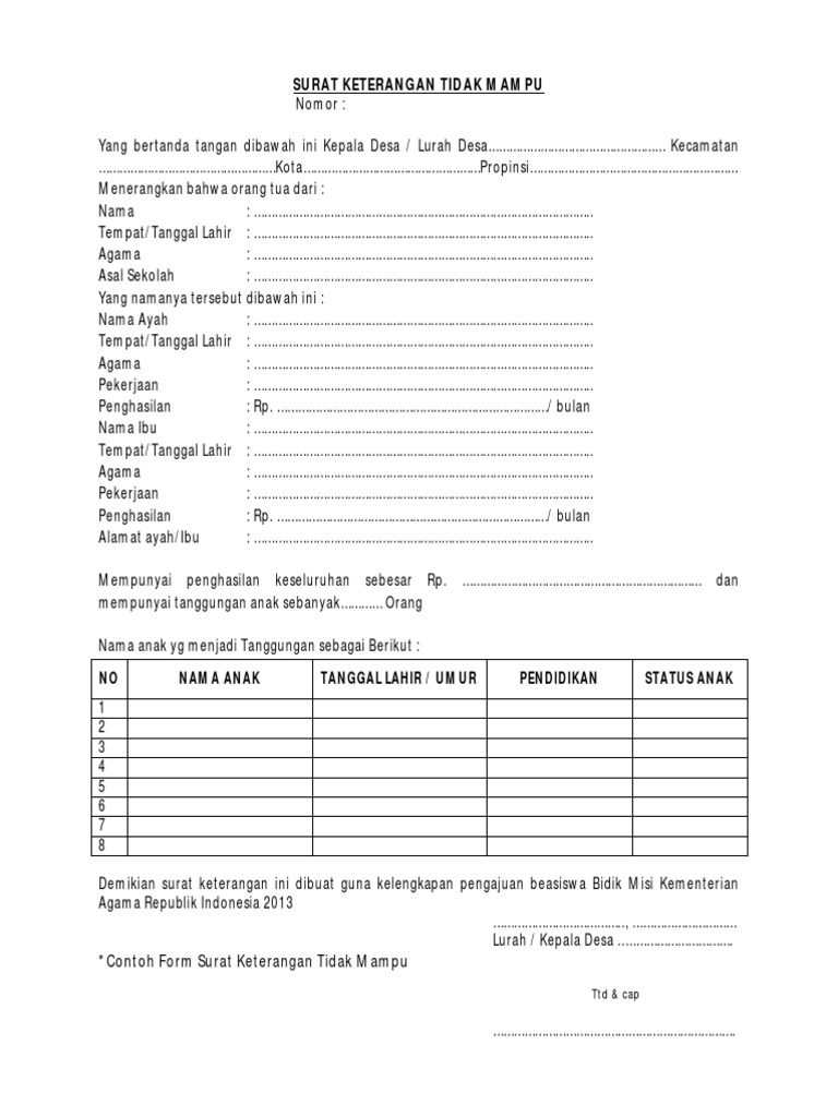 Contoh Surat Keterangan Tidak Mampu Untuk Bidik Misi