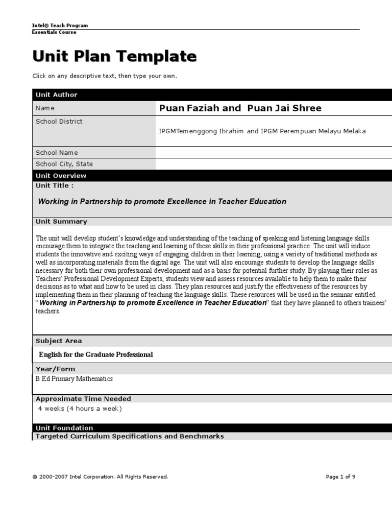 Unit Plan Tem | PDF | Teachers | Curriculum