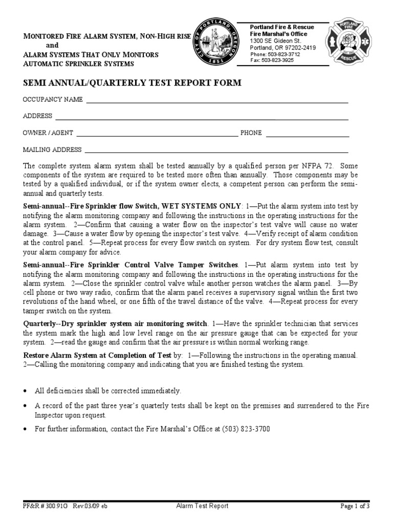 300.91G Alarm Test Report Fire Sprinkler System Equipment