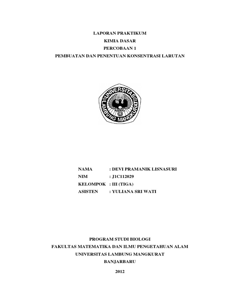 Praktikum Kimia Dasar Pembuatan Dan Penentuan Konsentrasi Larutan