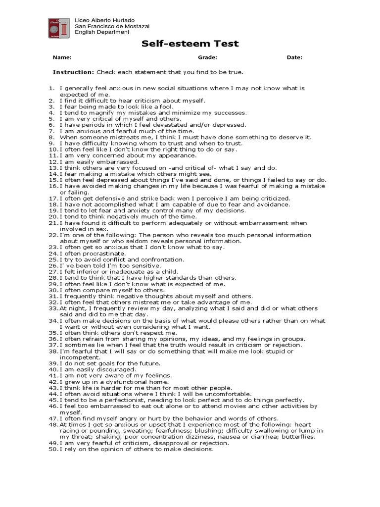 Self Esteem Test PDF Self Esteem Anxiety