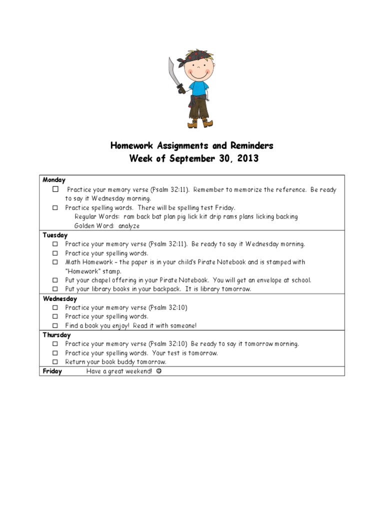 Weekly Homework Assignments Guide | PDF | Language Arts & Discipline ...