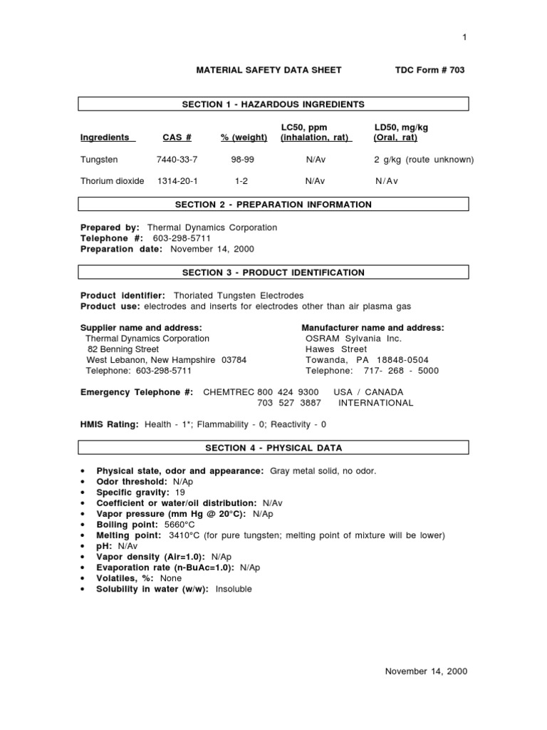 Tungsten Electrodes MSDS PDF Tungsten Welding