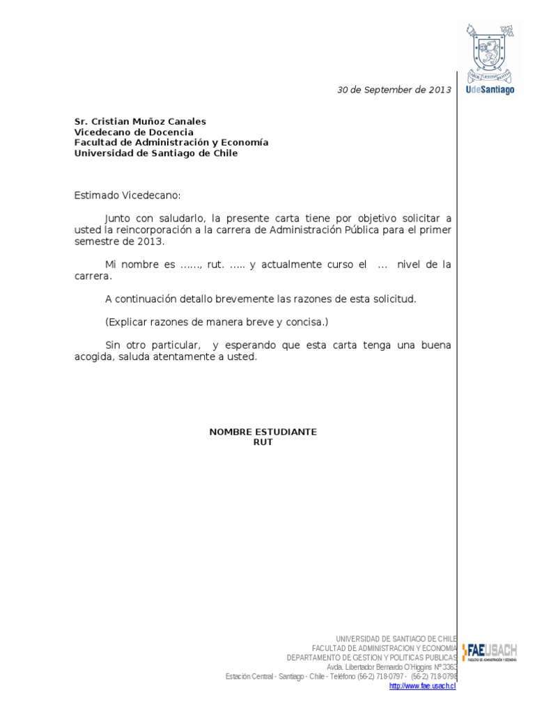 Formato Carta Solicitud de Reincorporacion