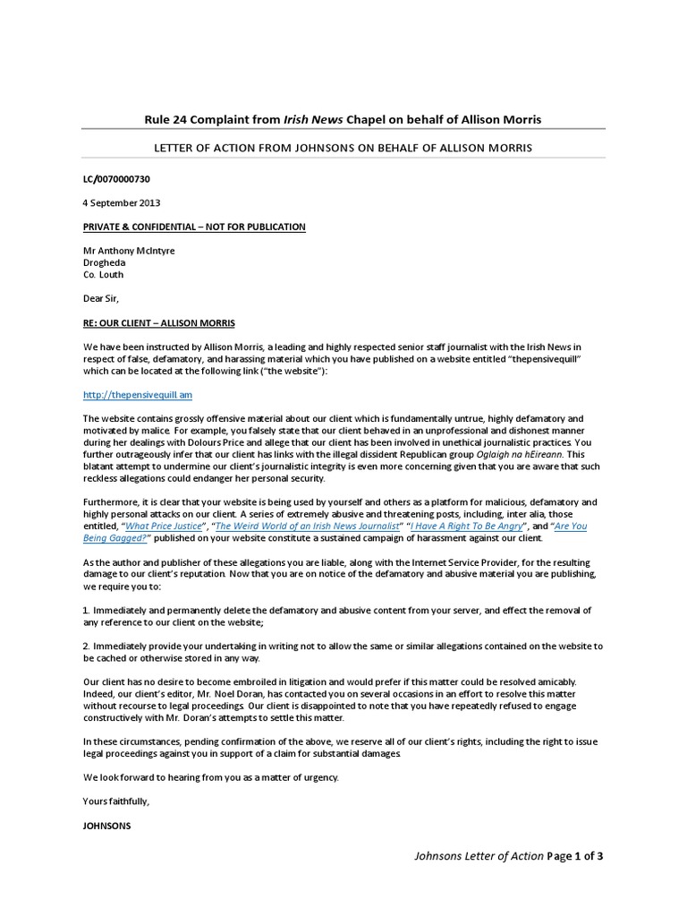 Johnsons Letter PDF Defamation Lawsuit