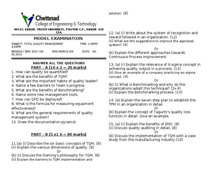 TQM Model Exam Questions and Answers | PDF