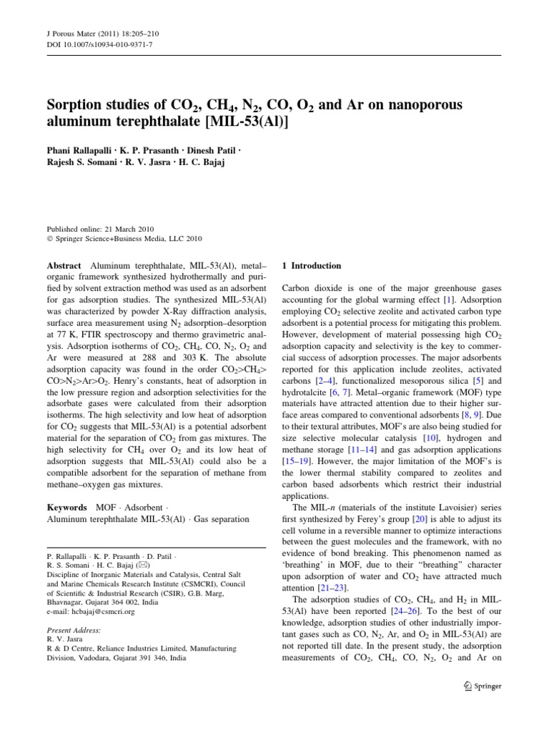 Sorption Studies of CO 2, CH 4, N 2, CO, O 2 and Ar On Nanoporous ...