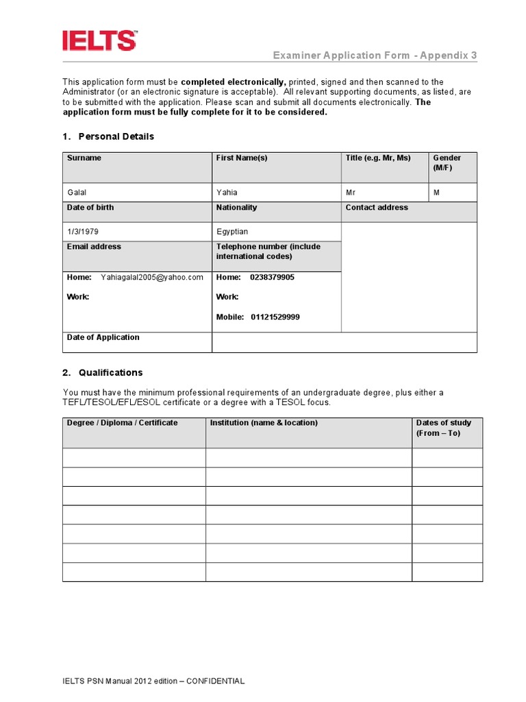 IELTS Examiner Application Form | PDF | International English Language ...
