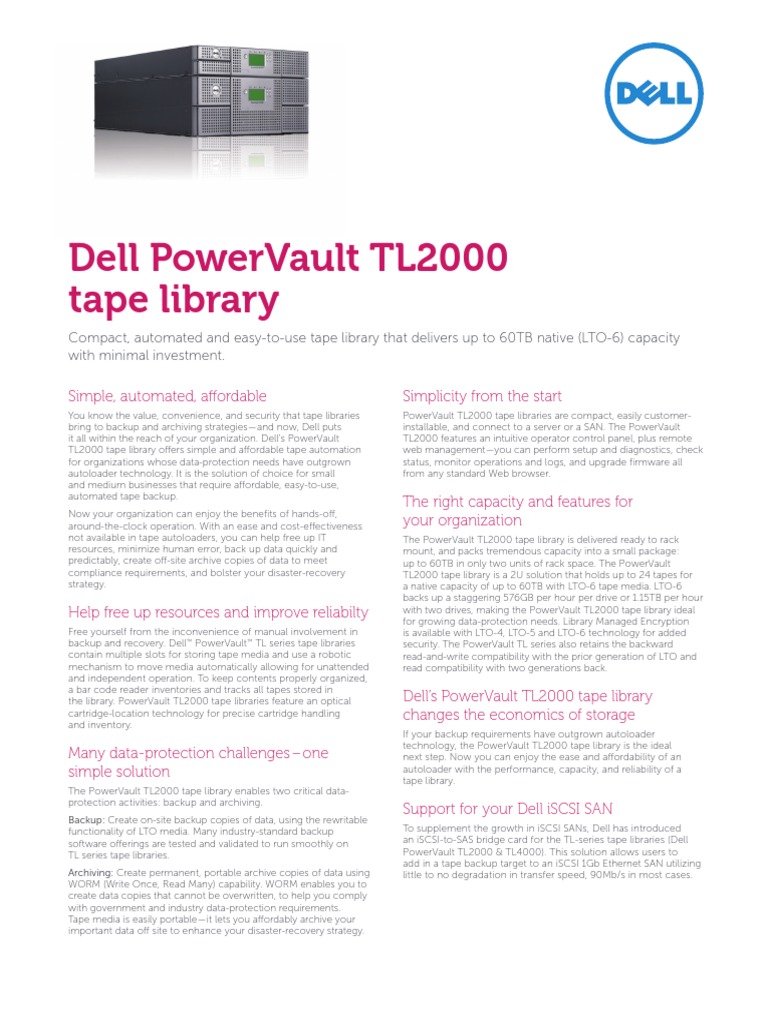 PowerVault TL2000 Tape Library Spec Sheet PDF Backup Dell