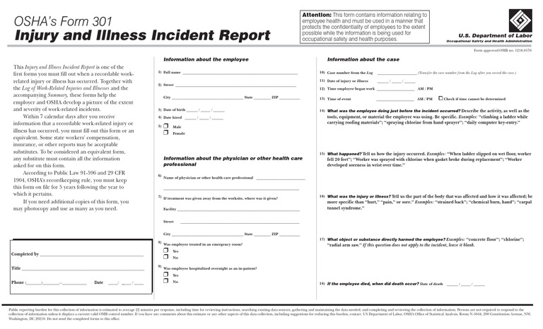 OSHA Form 301: Injury Incident Report | PDF | Occupational Safety And ...