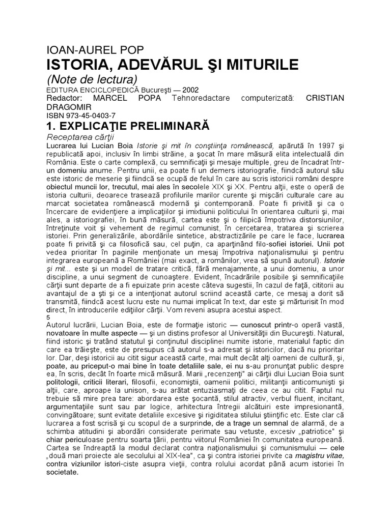 Pop Ioan Aurel - Istoria Adevarul Si Miturile | PDF