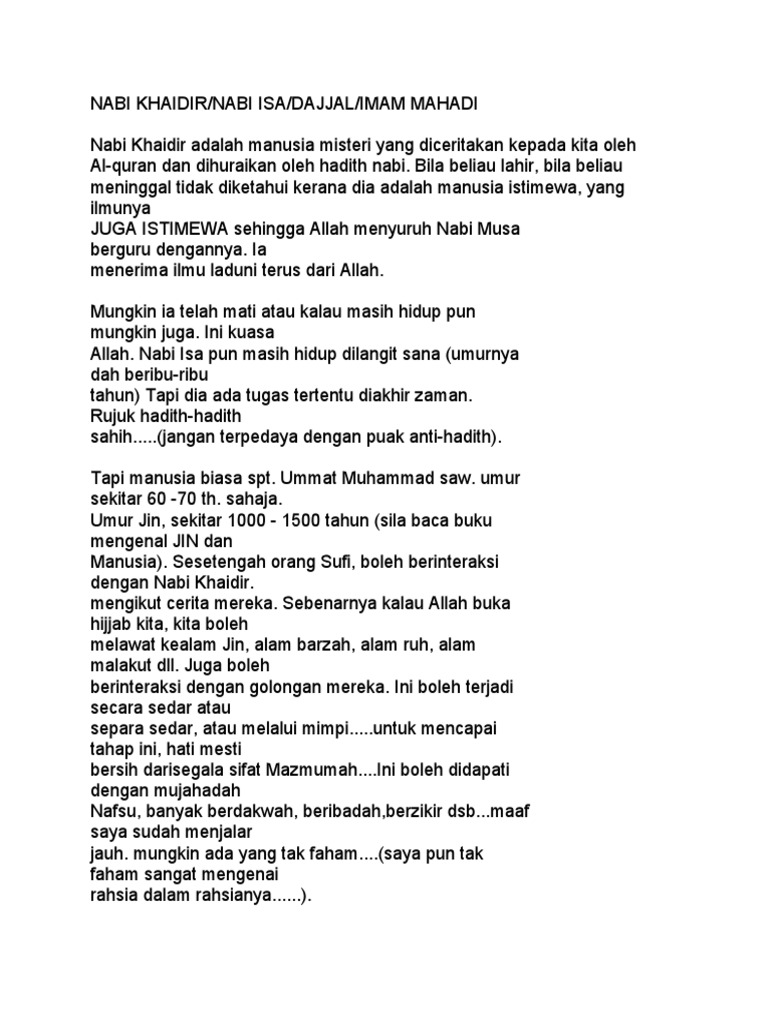 Nabi Khaidir Nabi Isa Dajjal Imam Mahadi Pdf