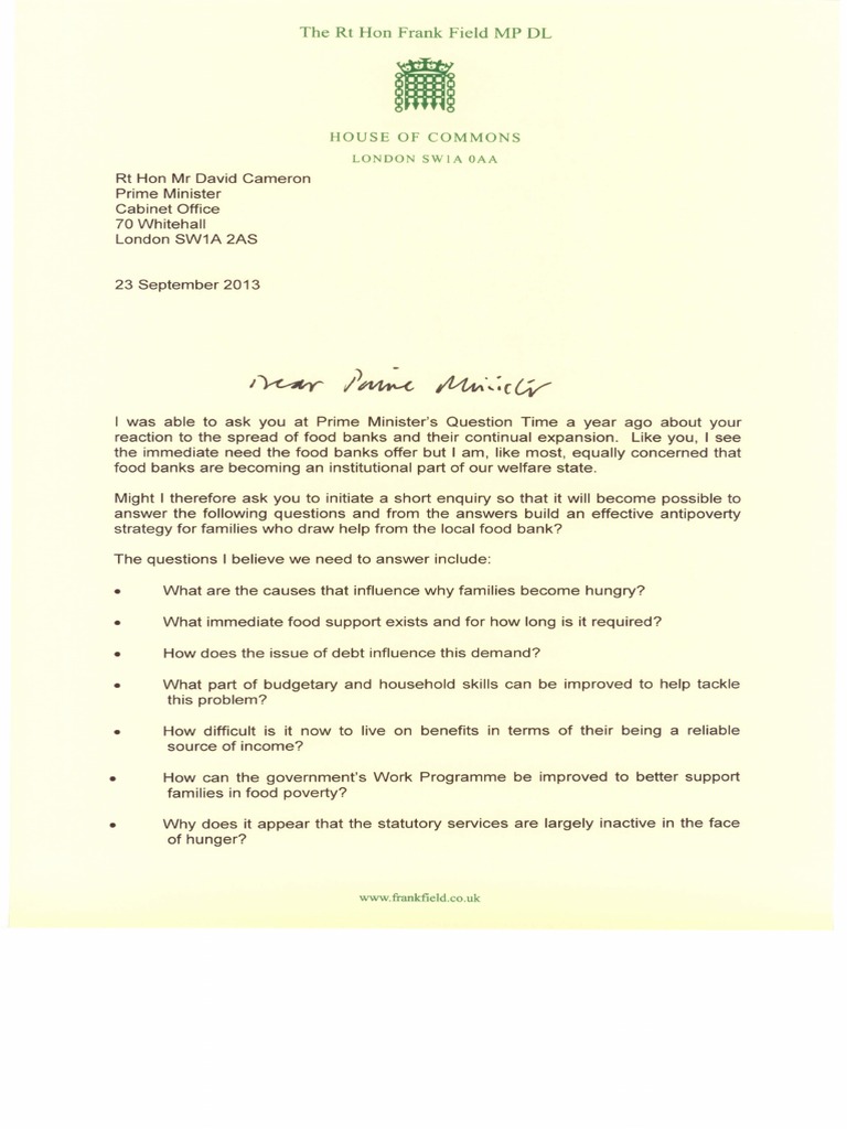 Letter To The Prime Minister Regarding Hunger and Food Poverty | PDF