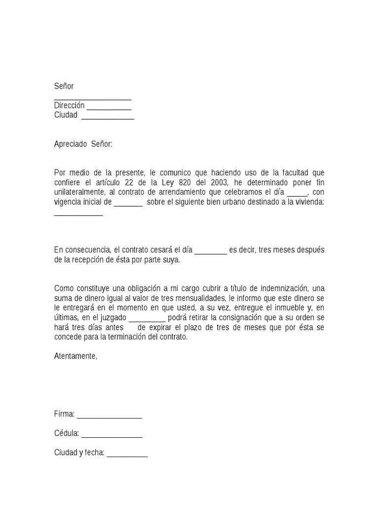 Carta de Aviso de Terminacion de Contrato de Arrendamiento  Carta de Aviso de Terminacion de Contrato de Arrendamiento