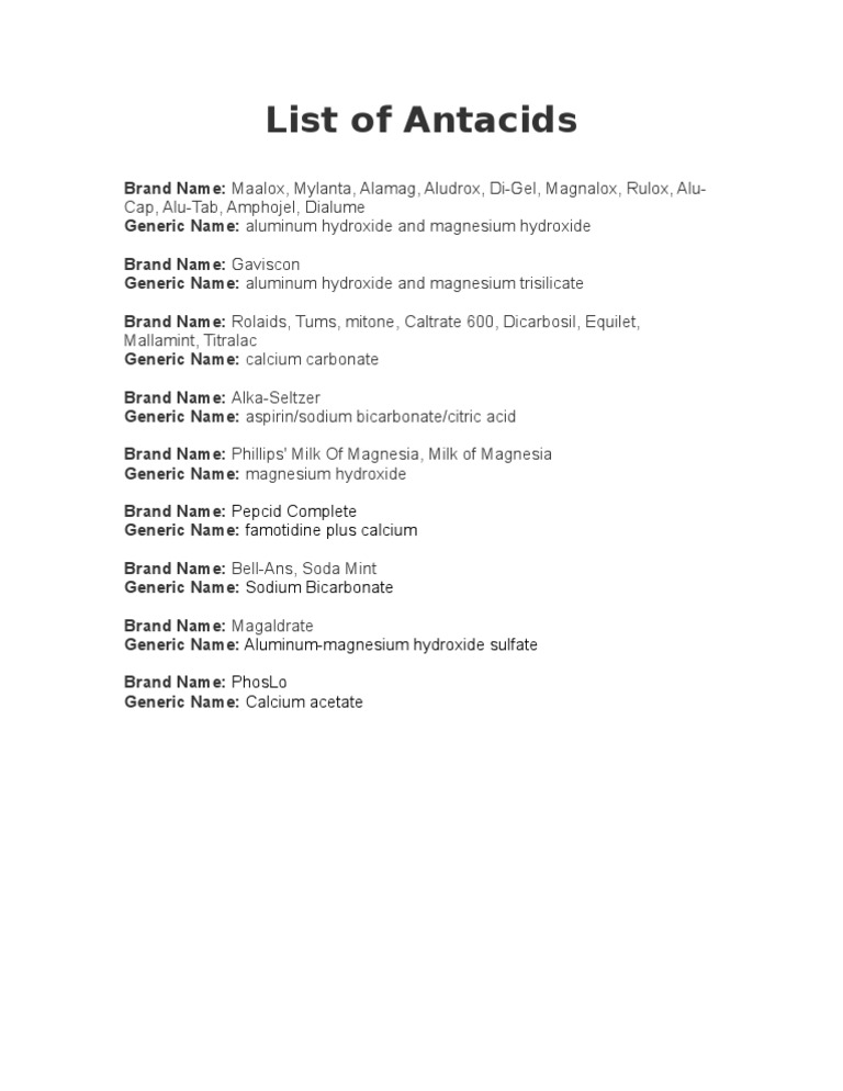 Antacid Medications and Their Names | PDF | Cooking, Food & Wine ...
