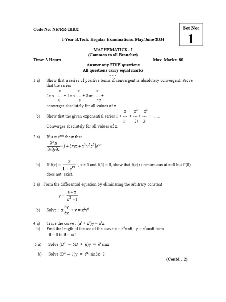 B.Tech Mathematics I Exam Questions | PDF | Sine | Space