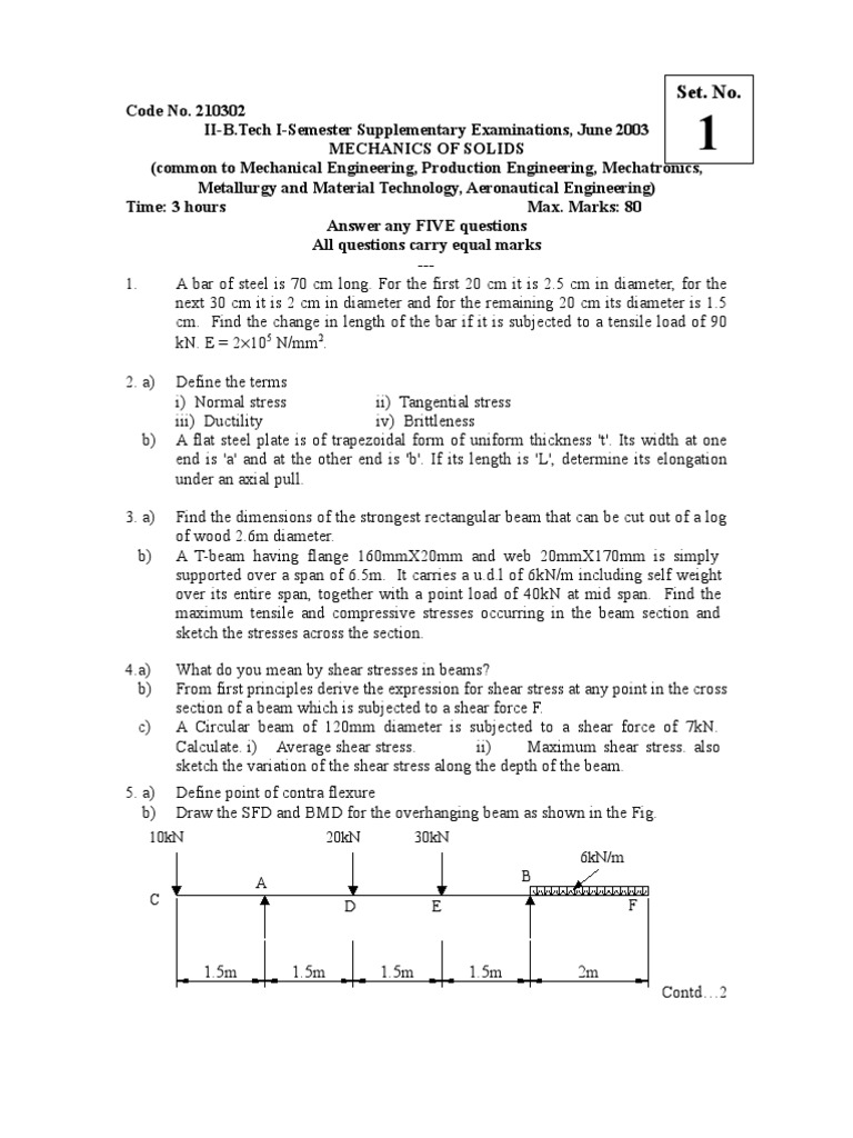 Mechanics of Solids Jun2003 NR 210302 | PDF | Bending | Stress (Mechanics)