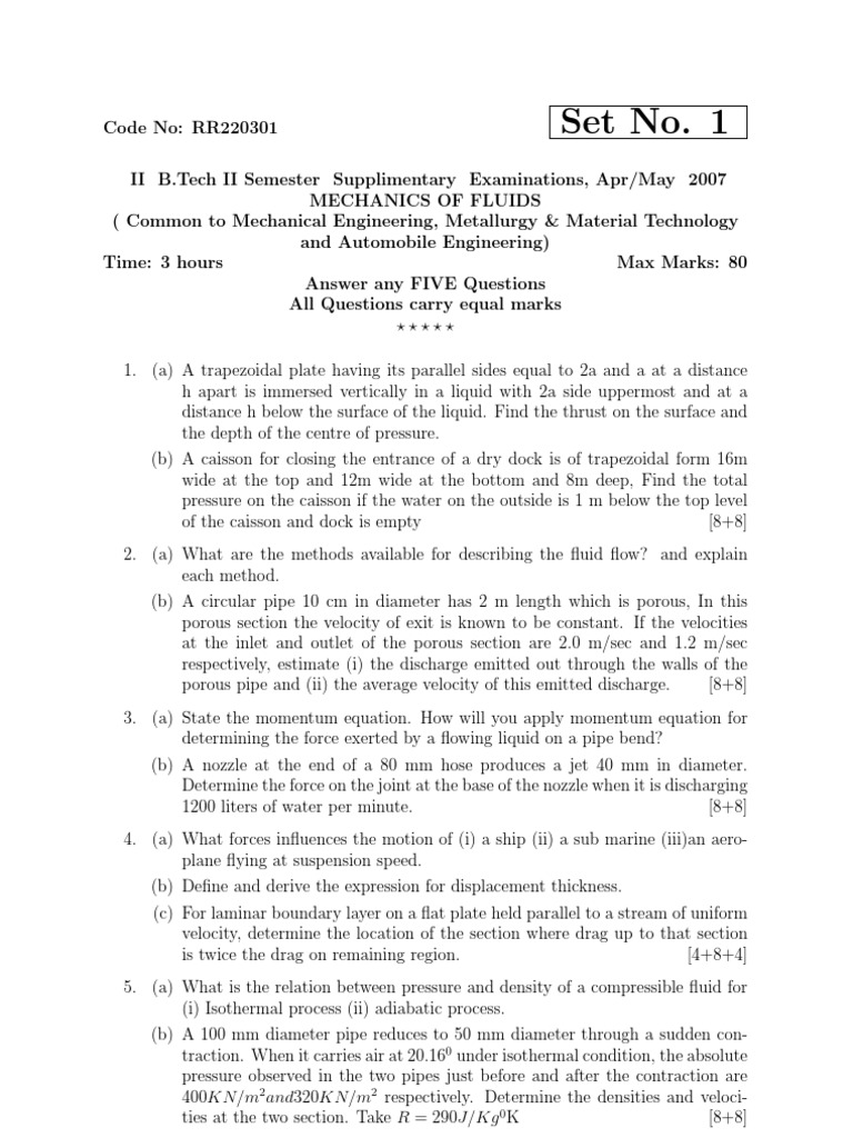 Mechanics of Fluids Exam Questions | PDF | Boundary Layer | Fluid Dynamics