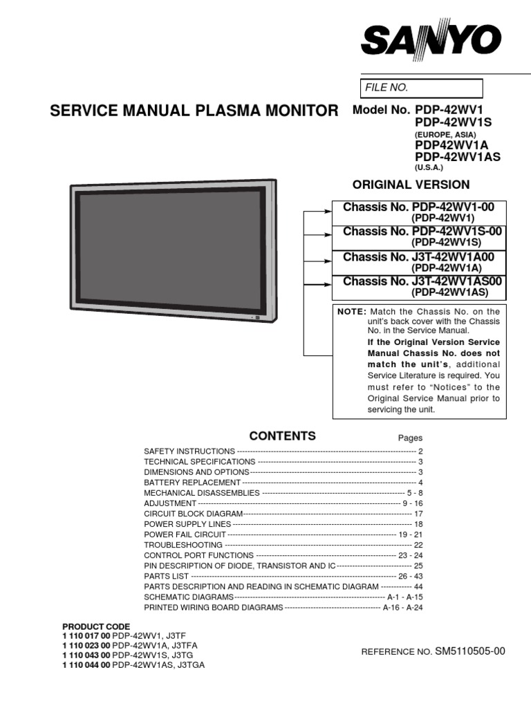 Sanyo Plasma Monitor Pdp42wv1 Service Manual | Electrical Connector |  Computer Monitor
