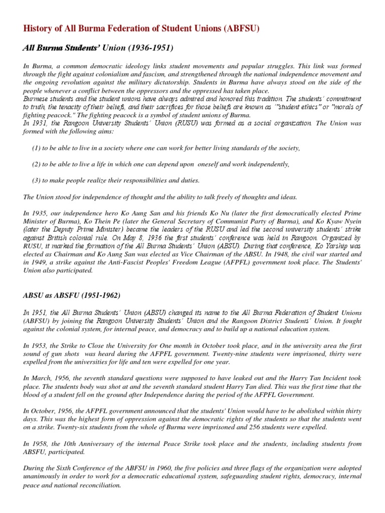 History of All Burma Federation of Student Unions PDF Myanmar