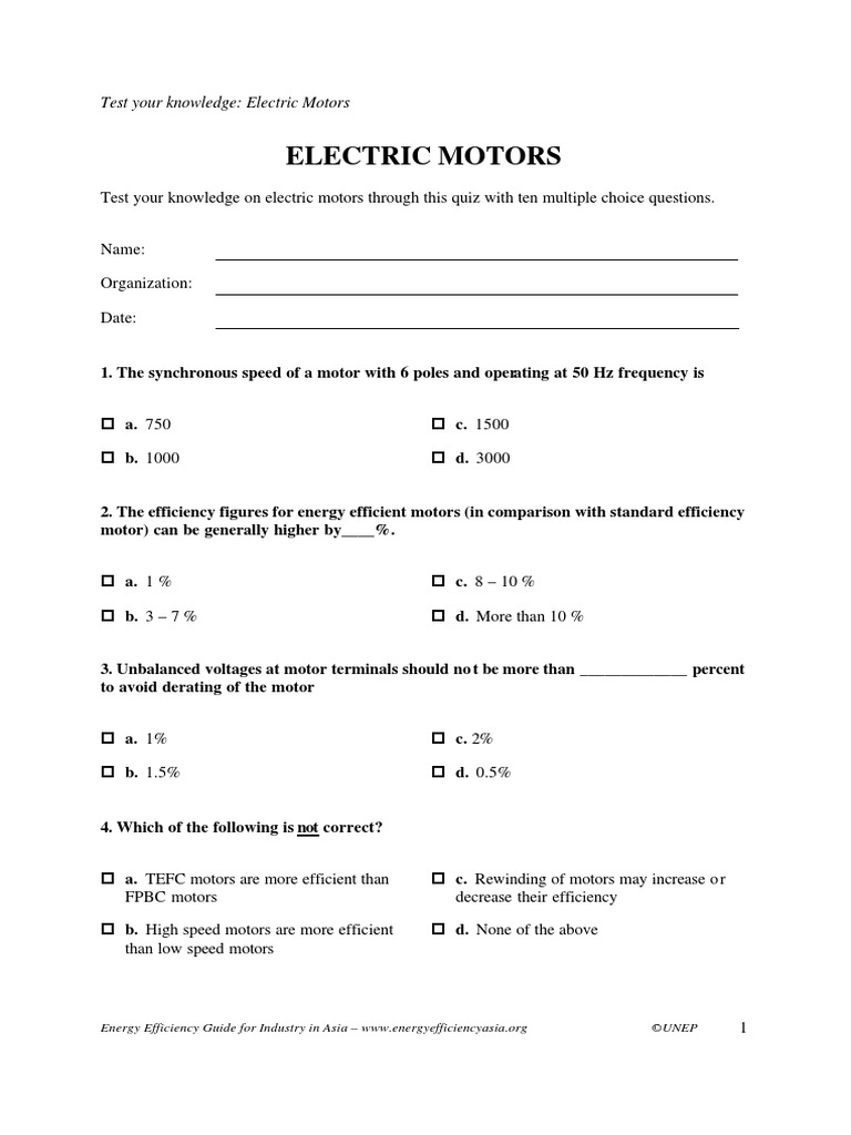 Quiz Electric Motors PDF