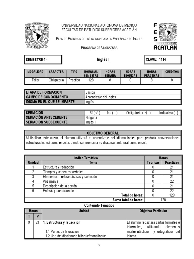 Plan de estudios del primer semestre de la Licenciatura en Enseñanza de ...