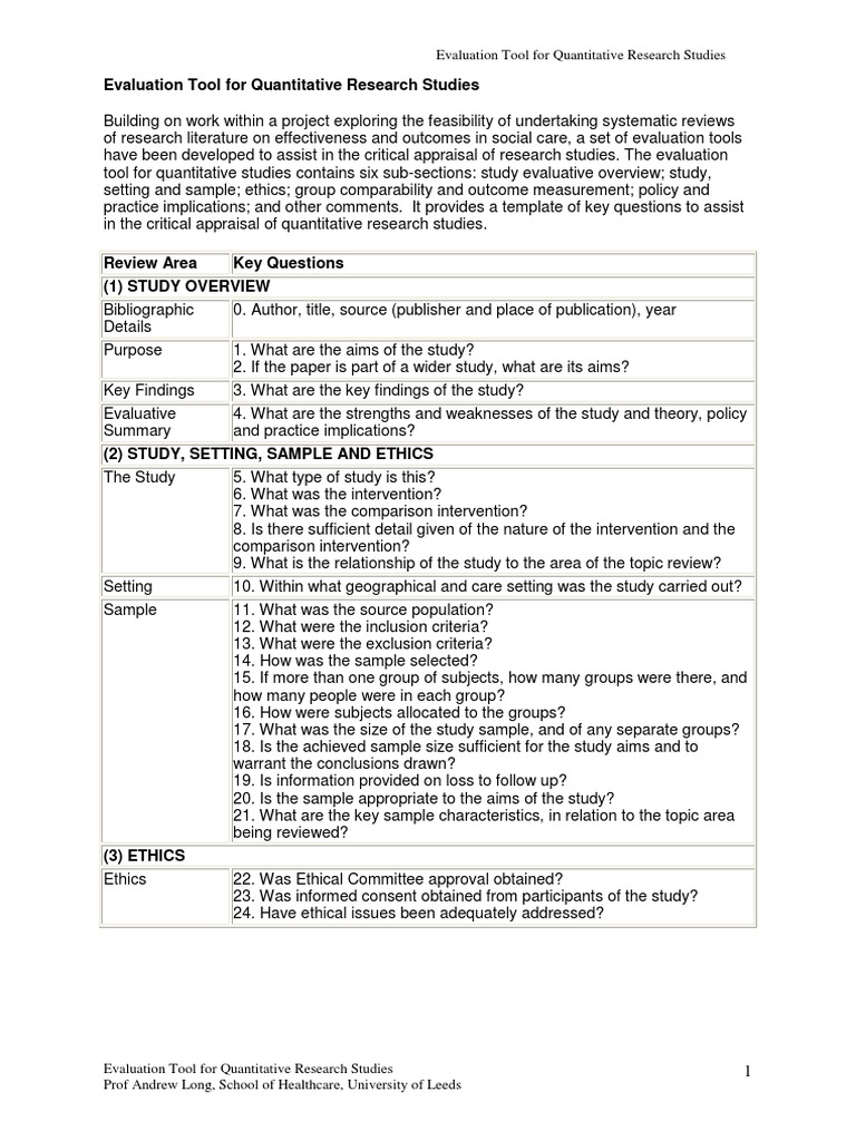 Evaluation Tool for Quantitative Studies | PDF | Quantitative Research ...