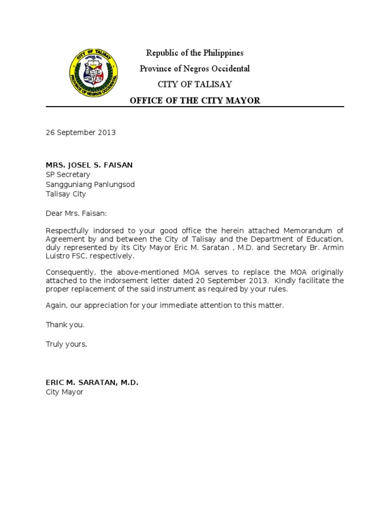 Indorsement Letter Resolution To Sp