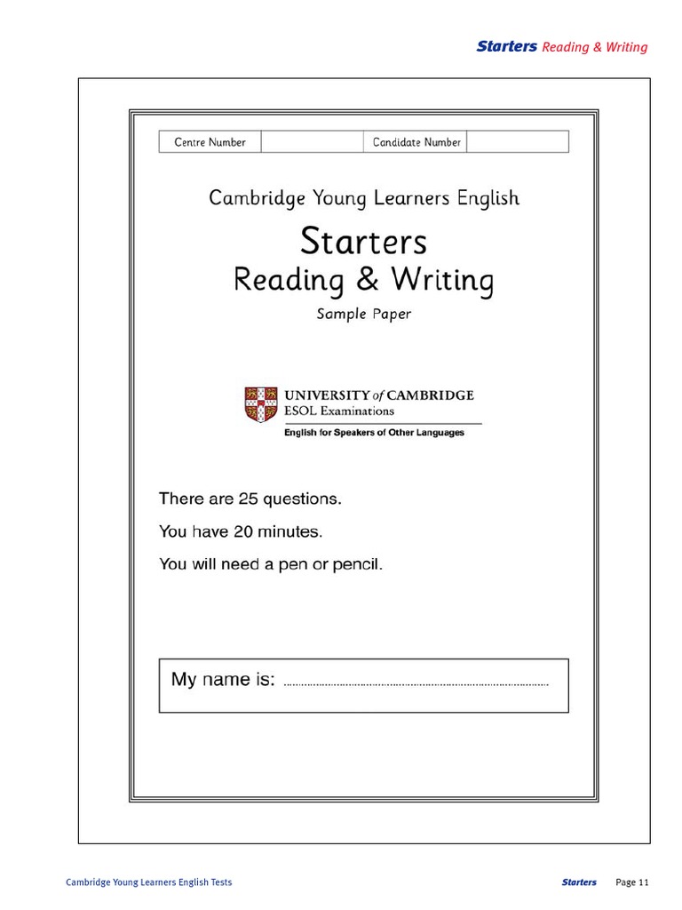 Starters Reading and Writing Sample Paper PDF | PDF