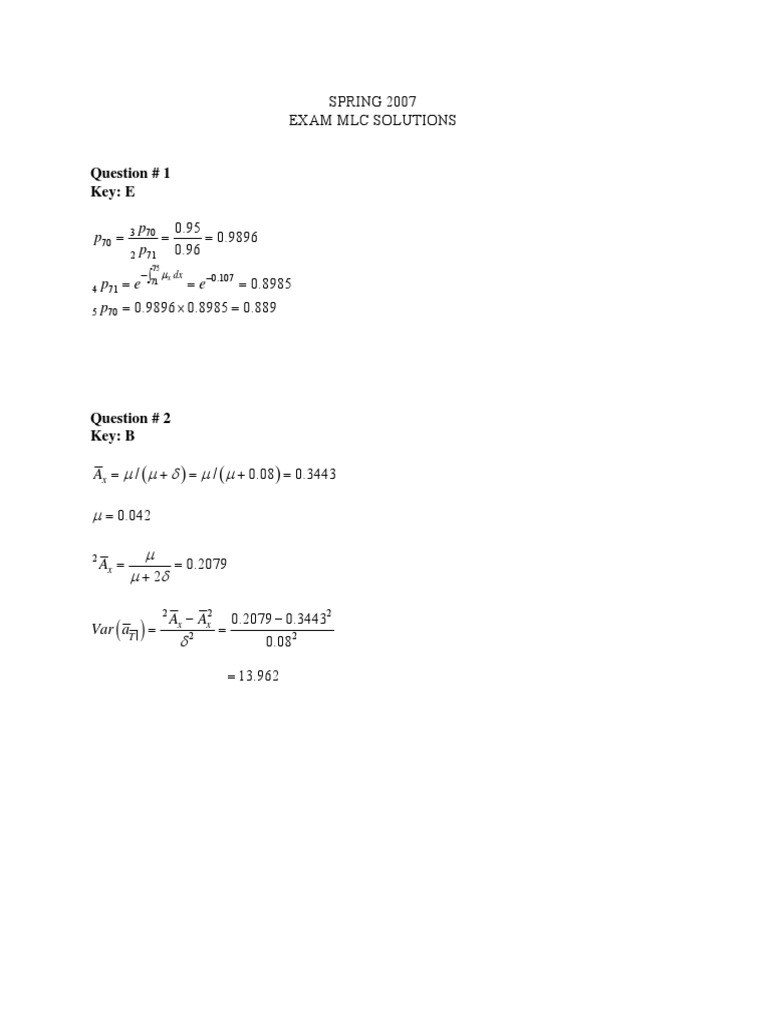 MLC Exam Solutions Spring 2007 | PDF | Technology & Engineering