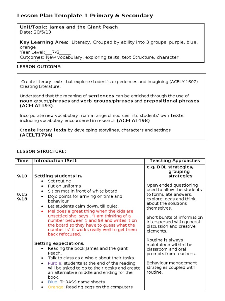 lesson plan literacy group combined with reflections Lesson Plan