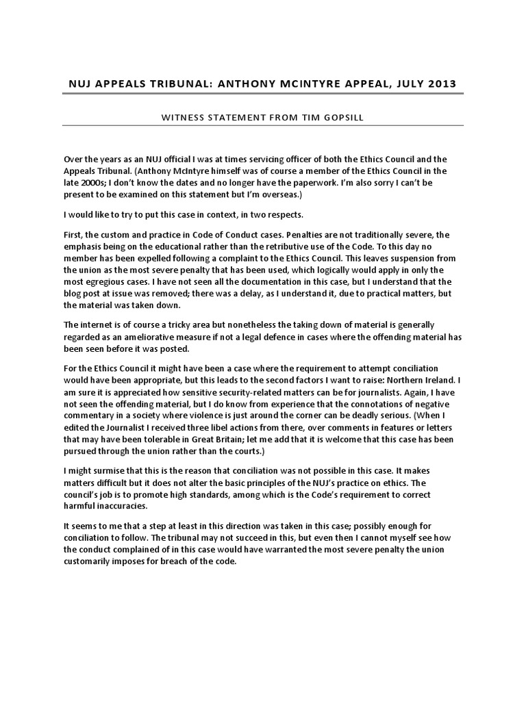 Tim Gopsill Statement | PDF | Public Sphere | Public Law