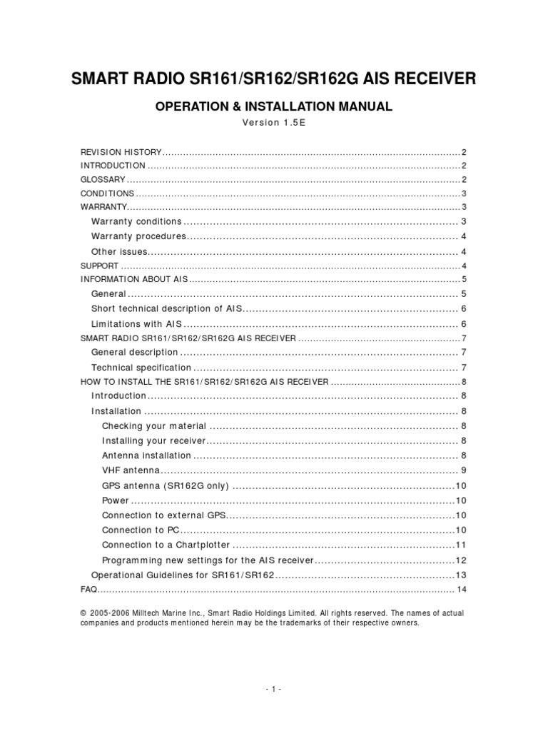 Smart Radio Sr161/Sr162/Sr162G Ais Receiver: Operation & Installation