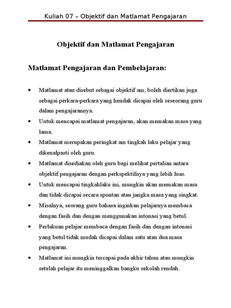 Kuliah 7 Objektif Dan Matlamat Pengajaran Pdf