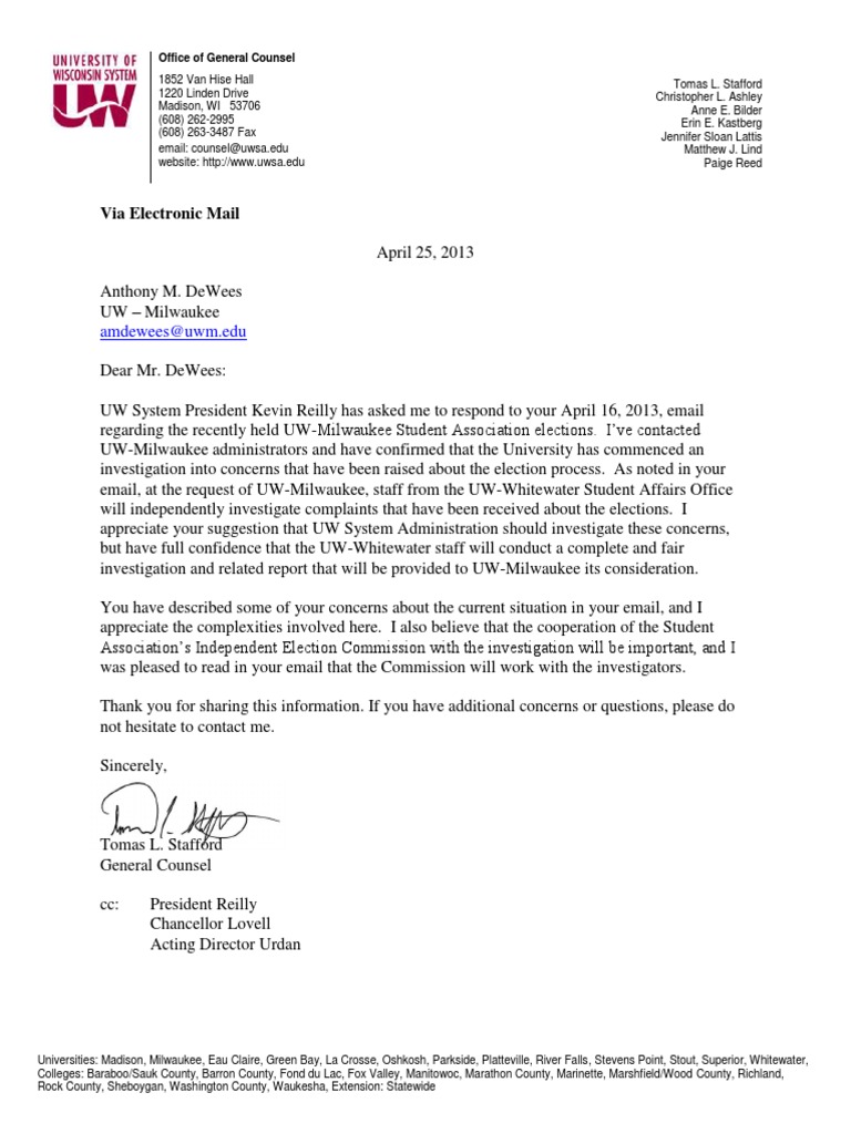 Letter To DeWees (4/25/13) From UWS GC Stafford | PDF | Social Science ...