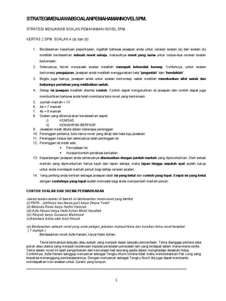Strategi Menjawab Soalan Pemahaman Novel Spm Modul Novel Pdf