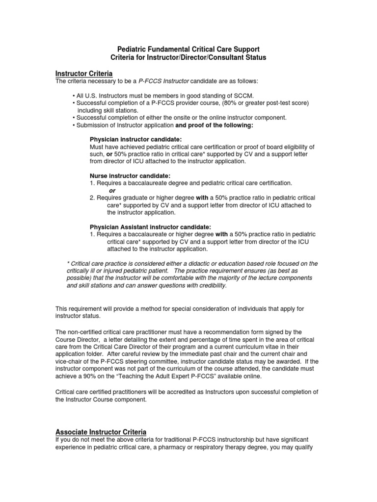 Pfccs Instructor Director Consultant Criteria Intensive Care Medicine Physician