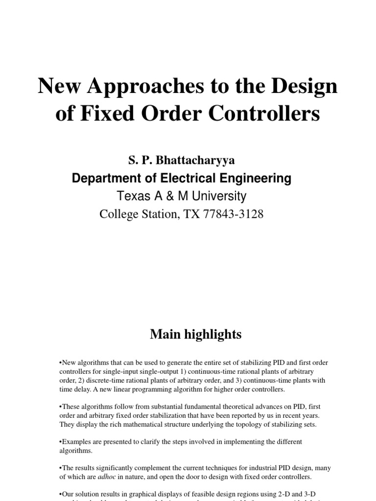 New Approaches To The Design of Fixed Order Controllers: S. P ...