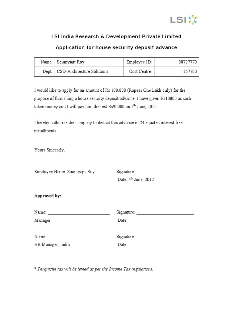 Security Deposit Application by Soumyajit Roy | PDF